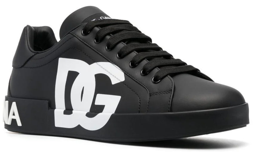 DOLCE & GABBANA Logo Print Leather Lace-up Trainers In Black - DUBAI ALL STAR