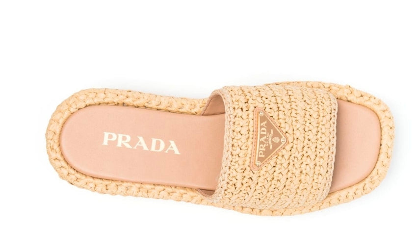 Prada logo-plaque crochet sandals 'Beige' - DUBAI ALL STAR