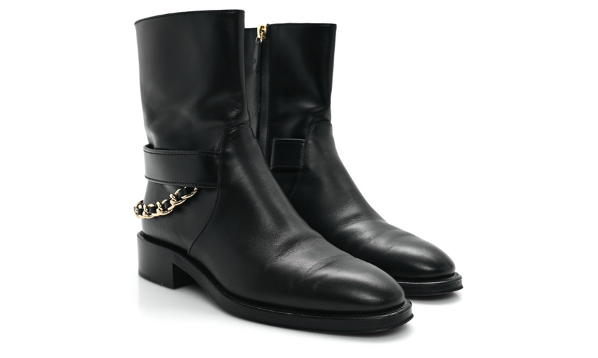 Chanel  Calfskin Chain Short Boots "Black"