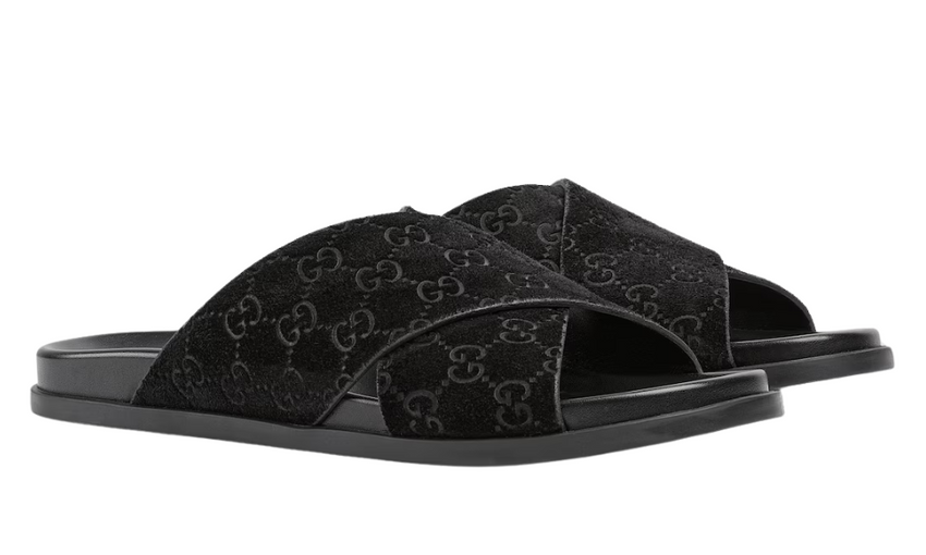 Gucci Men slide sandal "Black GG suede"