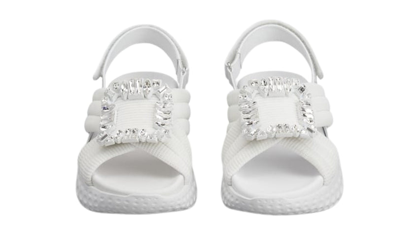 Roger Vivier Viv' Run Light Strass Buckle Sandals in Fabric 'White' - DUBAI ALL STAR