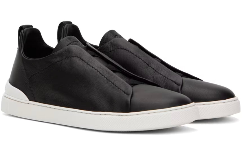 ZEGNA Black Leather Triple Stitch Sneakers - DUBAI ALL STAR