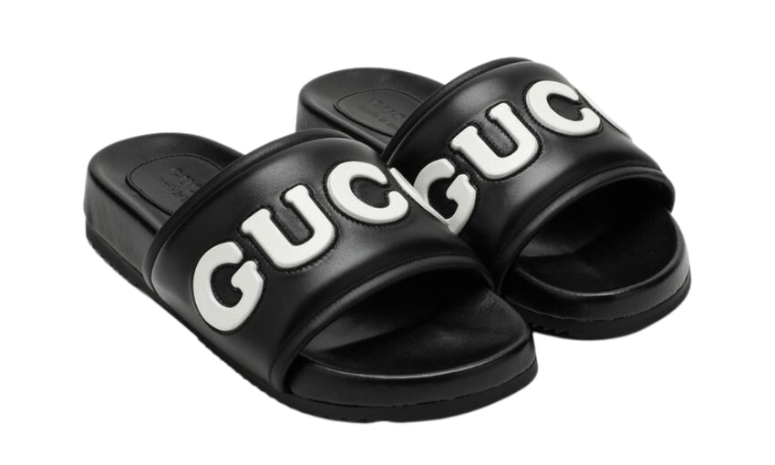 Gucci Black Leather Slide With Logo - DUBAI ALL STAR